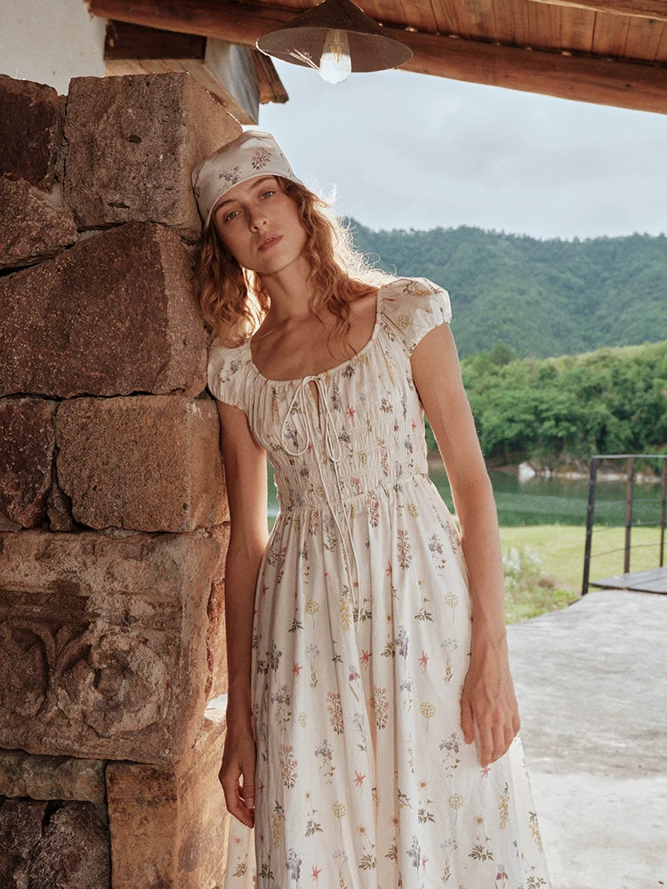 Botanical Graffiti Cotton Ruched Tie Dress