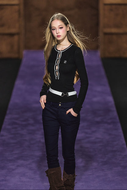 Contrast Trim Knit Belt Detail Fitted Crewneck