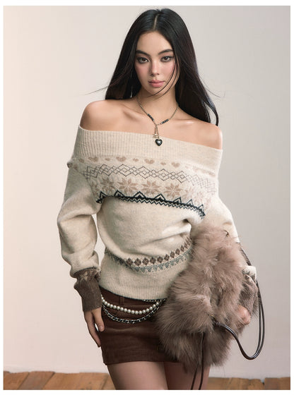 Fair Isle Off-Shoulder Wool Blend Knit Sweater