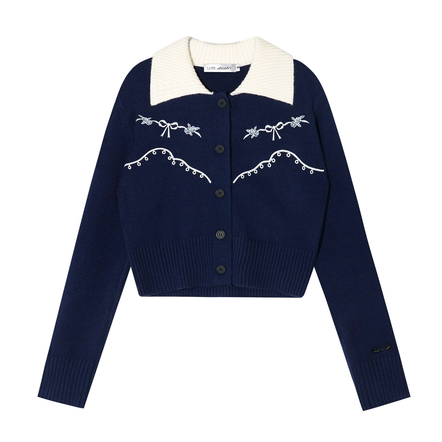 Contrast-Collar Vintage Embroidered Cropped Cardigan