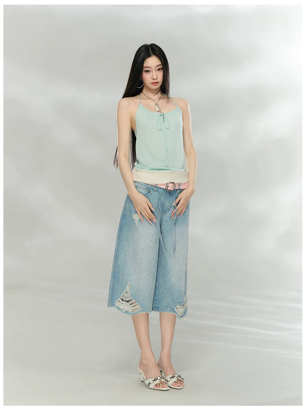 Crystal Distressed Cropped Straight-Leg Denim Jeans