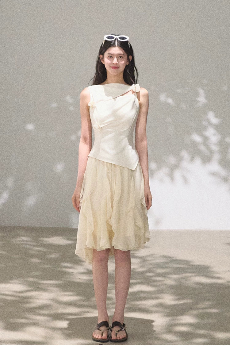 Asymmetric Ruffle Lace-Trim A-Line Midi Skirt