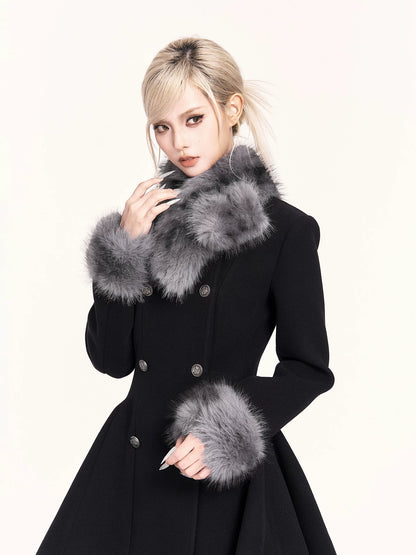 Fur-Collar Waist-Cinching Wool Coat Dress