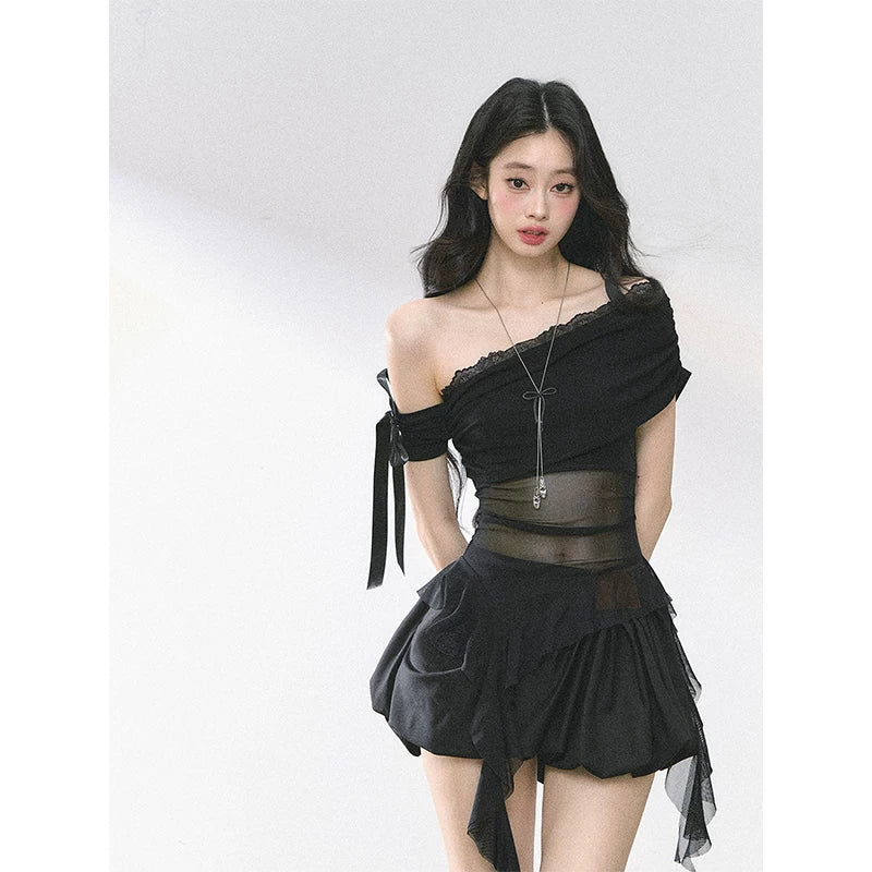 Off-Shoulder Mesh Short-Sleeve T-Shirt