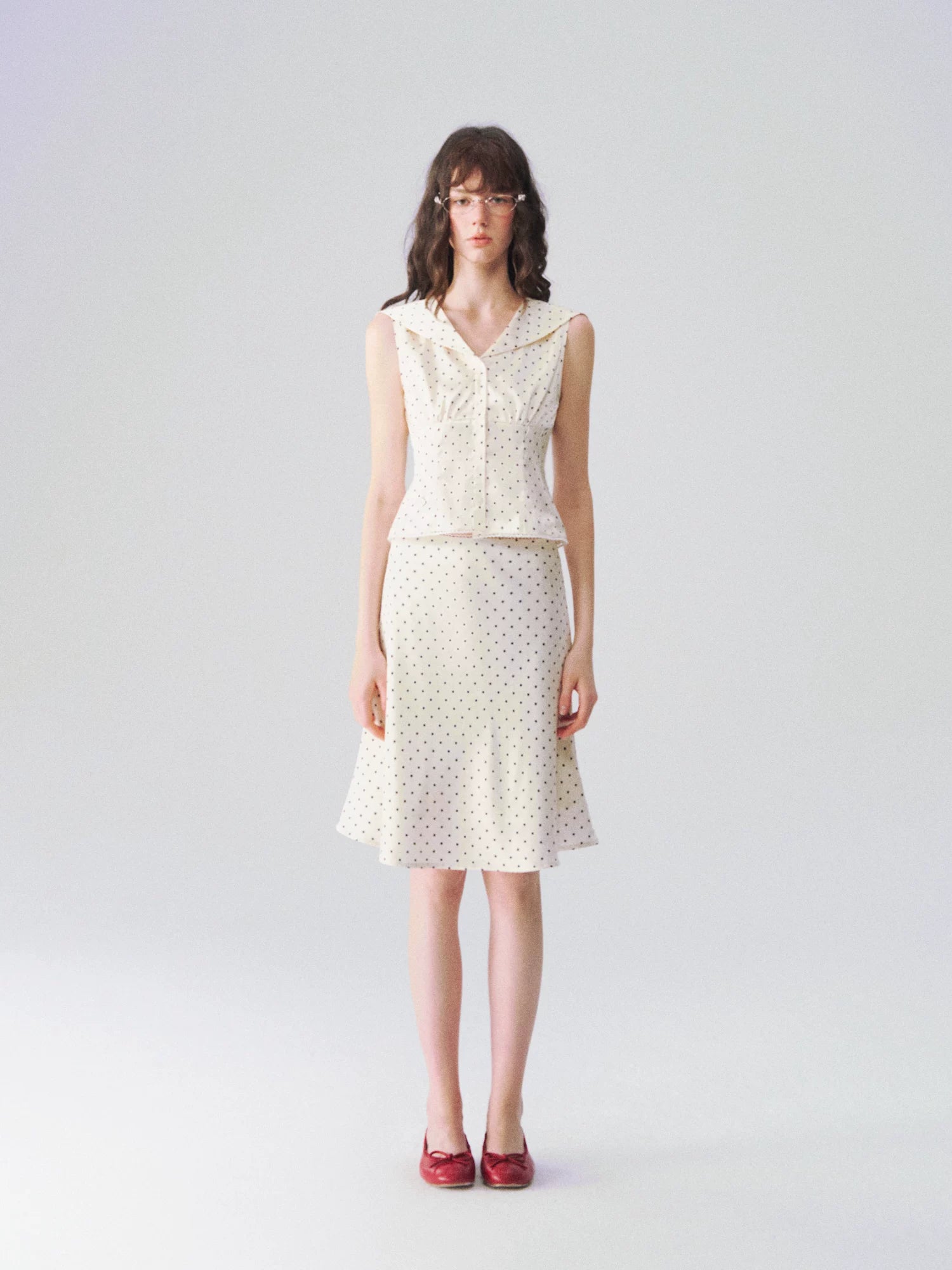 Collar Cinched Top &amp; French A-line Midi Skirt Set
