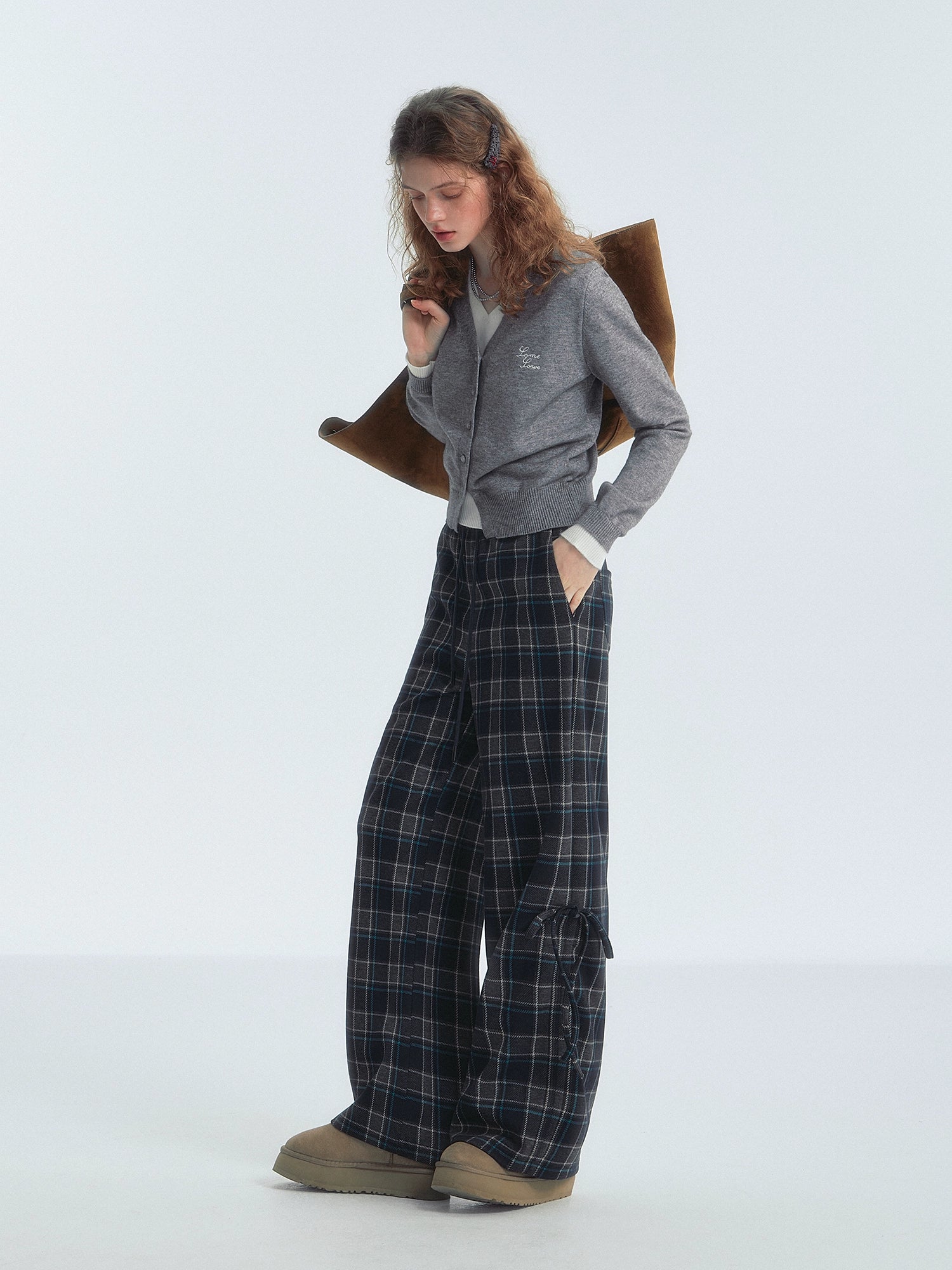 Plaid Drawstring Bowknot Pants