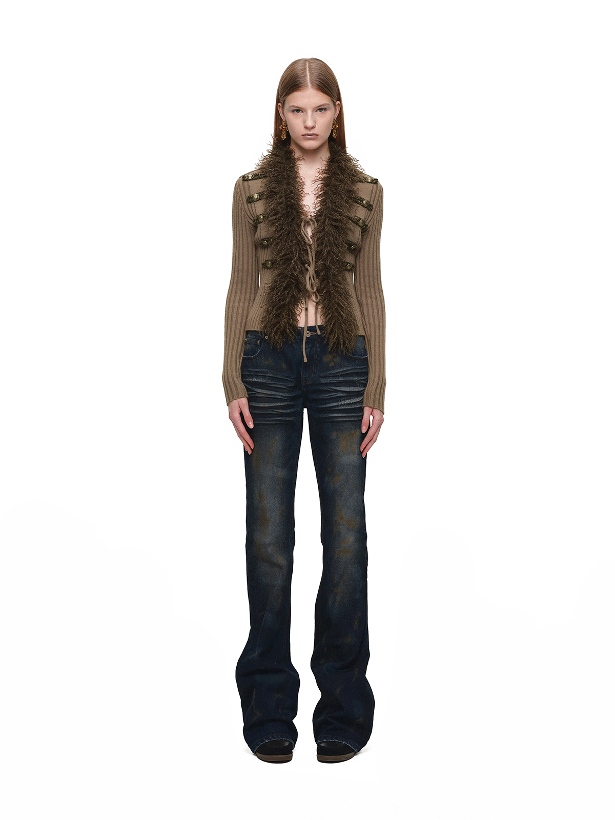 Rib-Knit Fitted Wool-Collar Cardigan