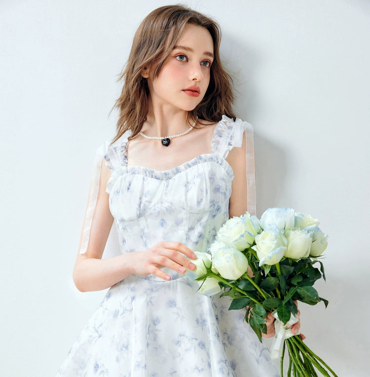 Blue Floral Ruffle Strap Dress