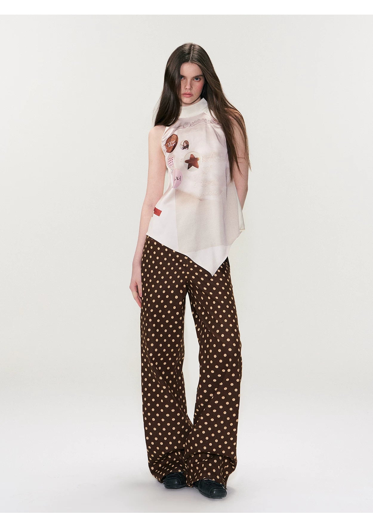 Vintage Polka Dot Straight-Leg Denim Trousers