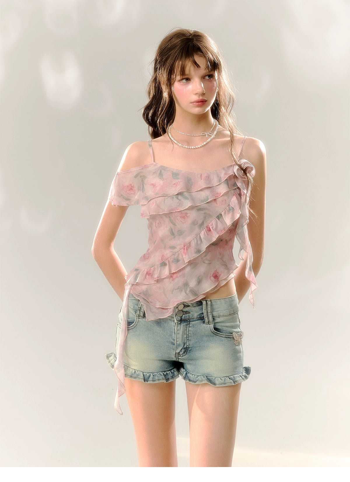 Pink Rose Print T-shirt with Ruffle Trim