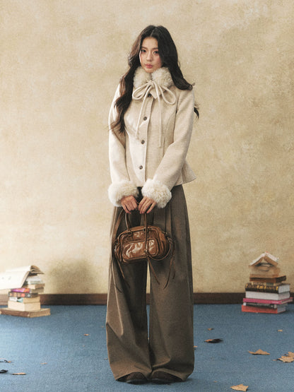 Detachable Fur-Collar Wool-Blend Jacket