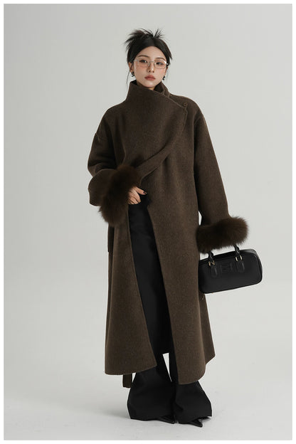 Elegant Fox-Fur Sleeve Long Wool Coat