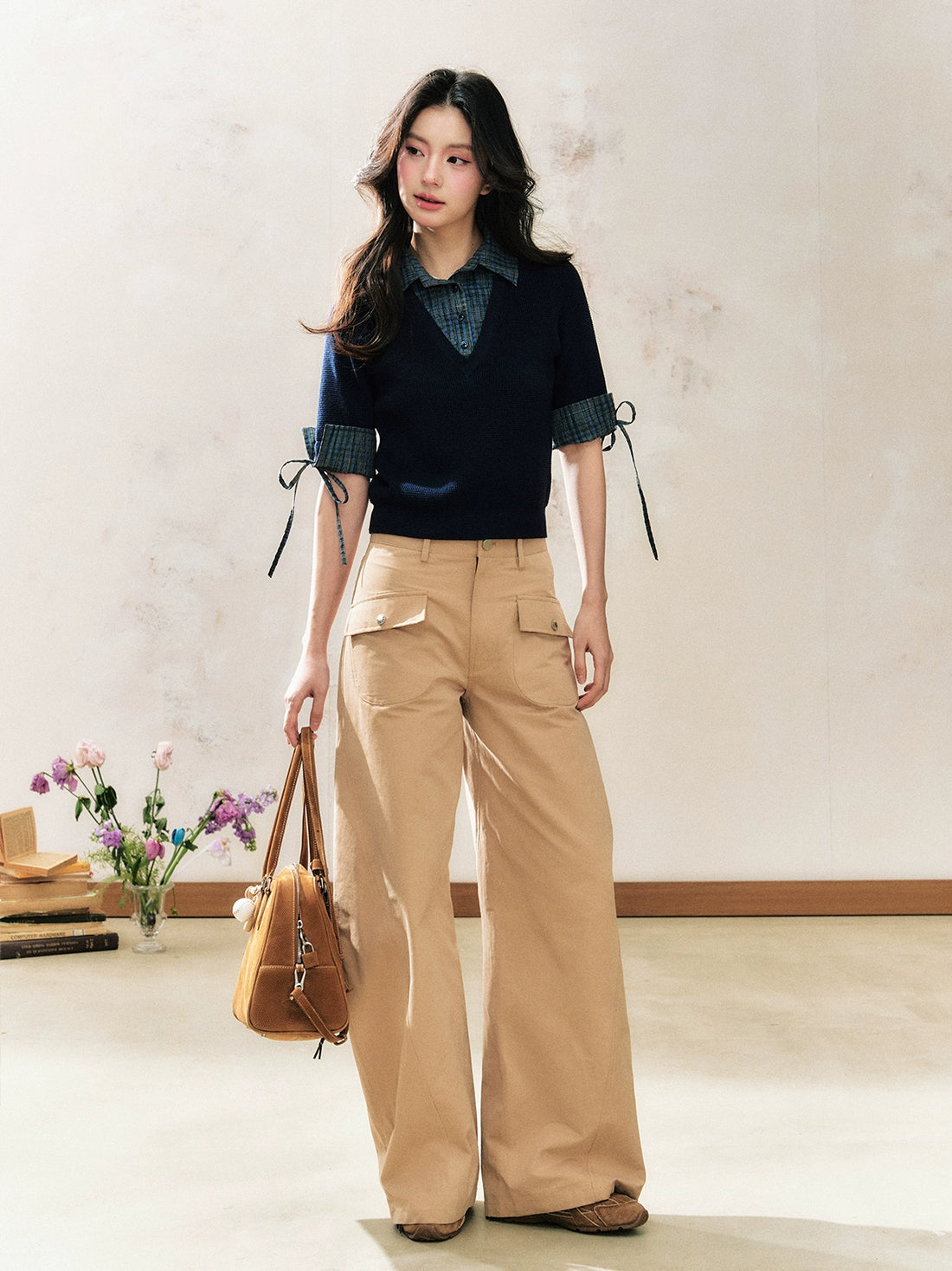 Two-Tone Flared Wide-Leg Pants