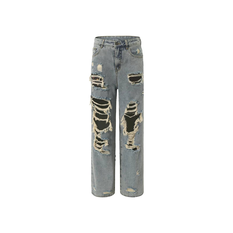 Straight-Leg Distressed Denim Jeans