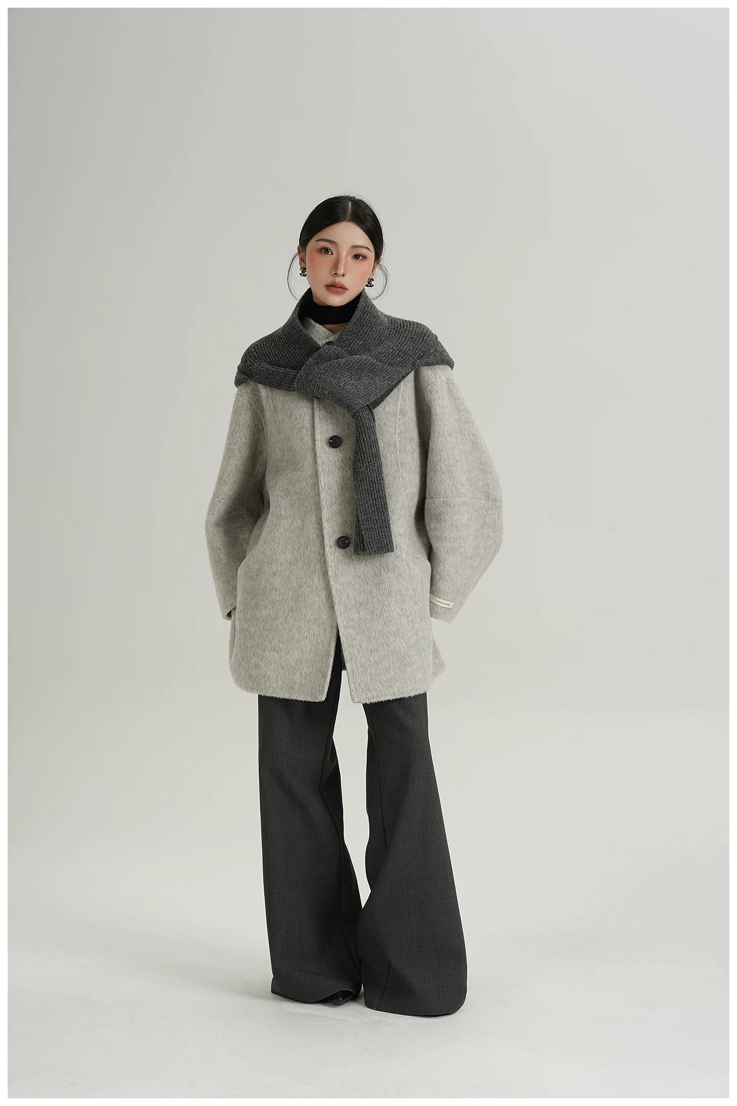 Knitted Hooded Scarf Mid-Length Wool Coat