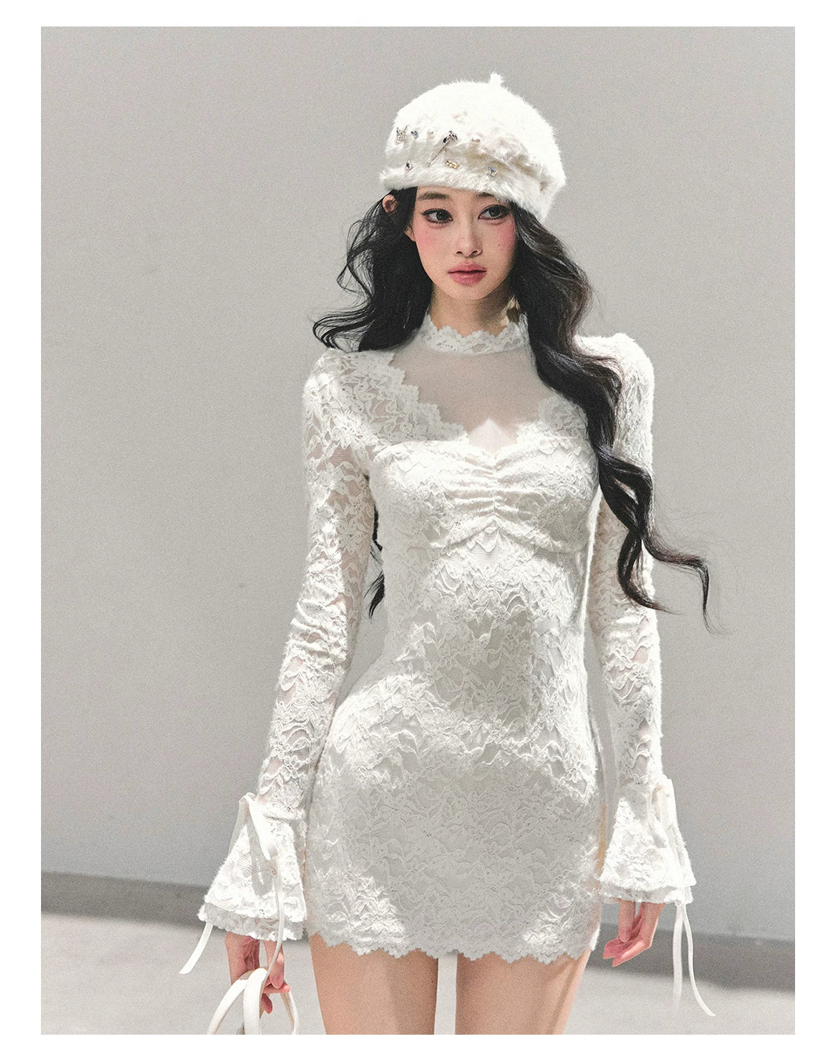 Lace Mesh Long-Sleeve Mini Dress