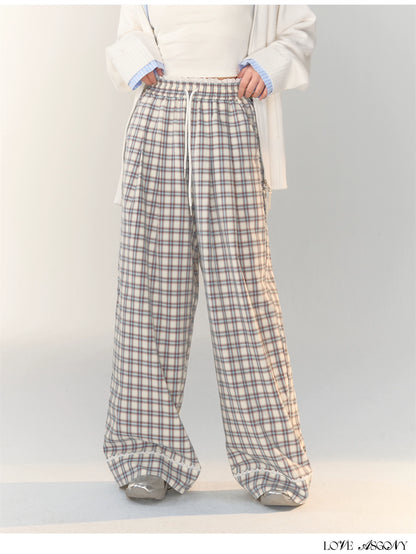 Lace-Trimmed Plaid Wide-Legged Pants