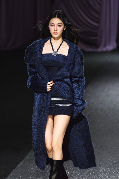 Contrast Knit Cardigan &amp; Hand-Crocheted Dress Set