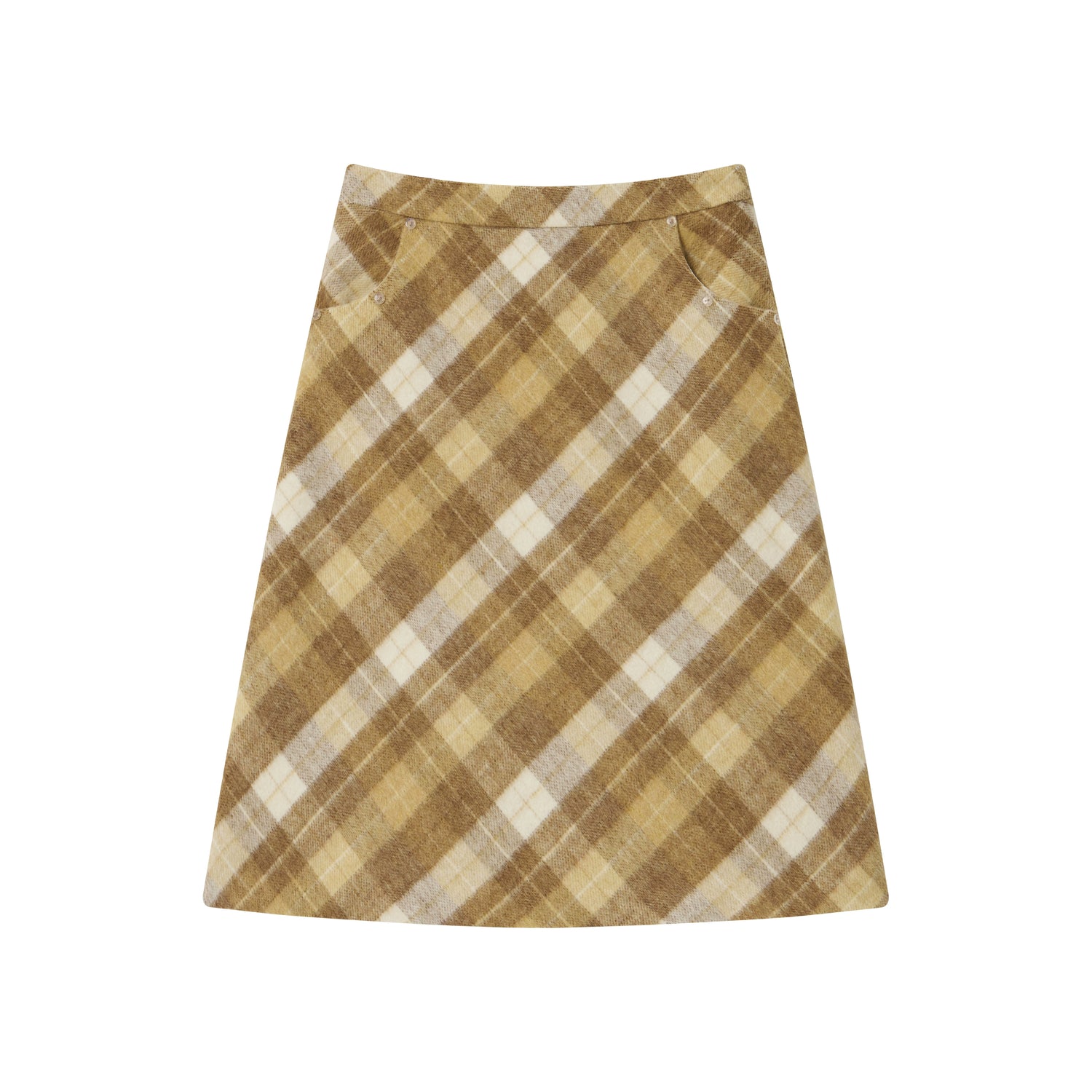 Yellow Plaid Wool-Blend Midi Skirt