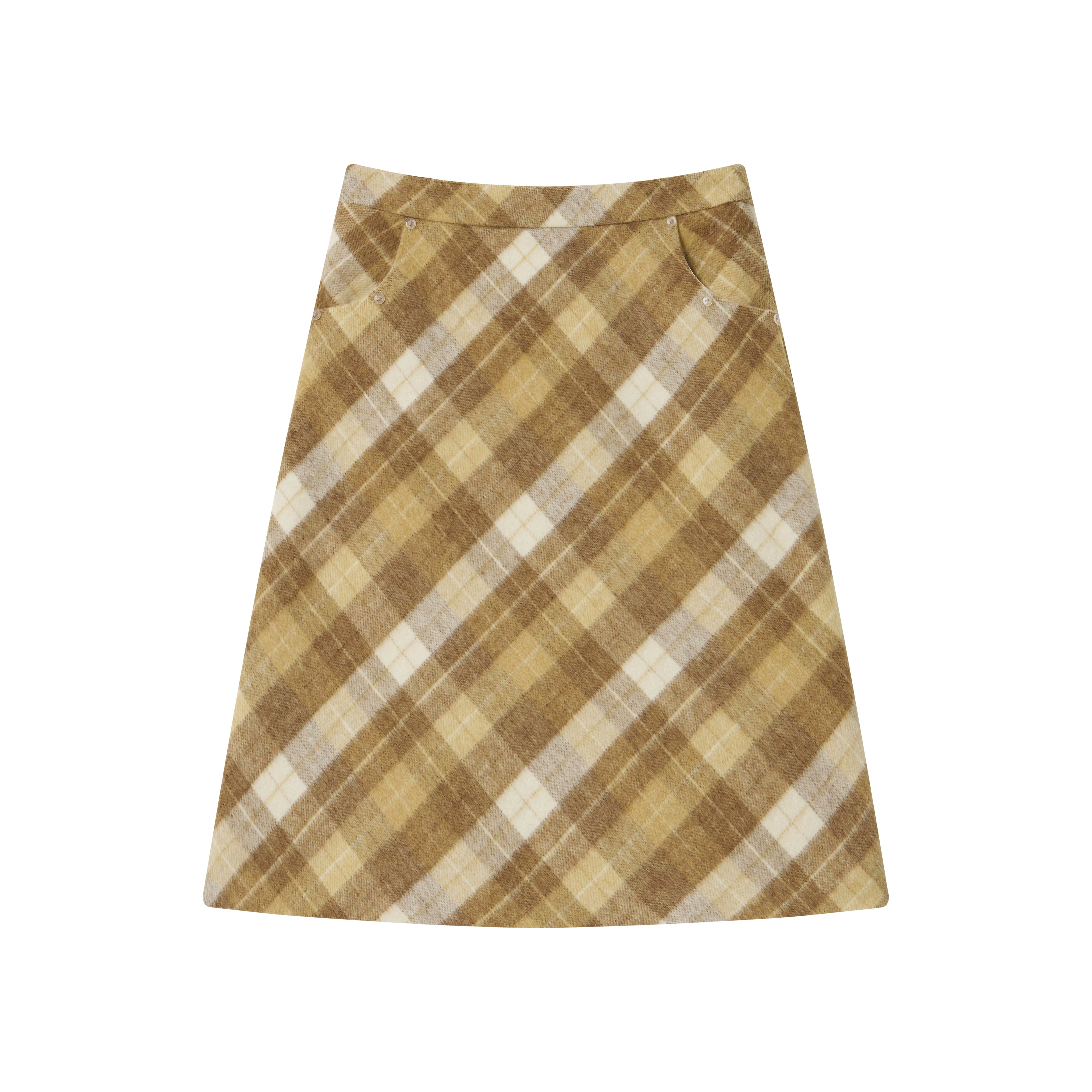 Yellow Plaid Wool-Blend Midi Skirt