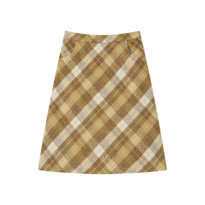 Yellow Plaid Wool-Blend Midi Skirt