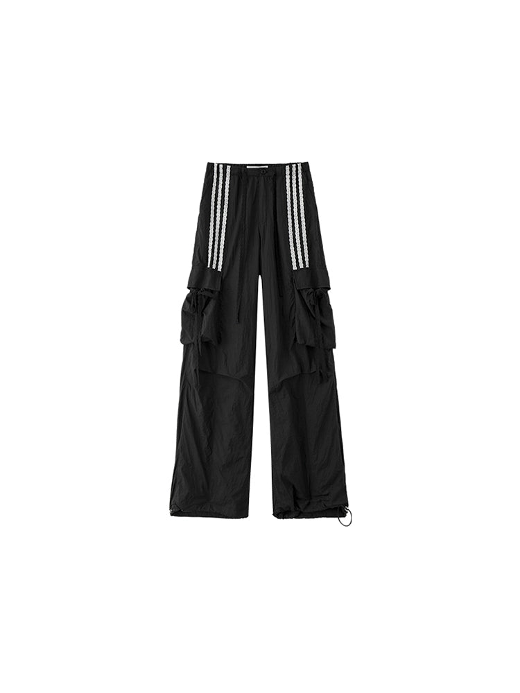 Striped Lace Trim Straight-leg Casual Pants