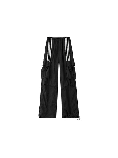 Striped Lace Trim Straight-leg Casual Pants