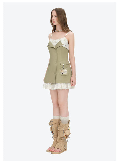 Two-Piece Illusion Blazer Badge Dress