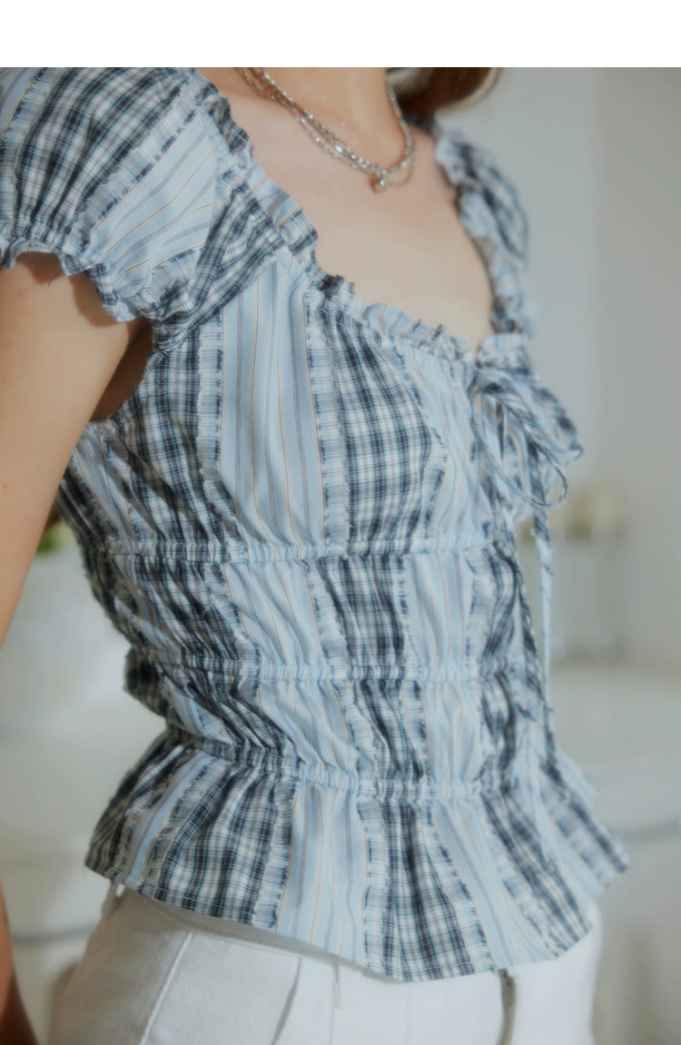 Blue Gingham Bubble Sleeve T-shirt