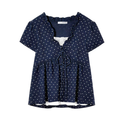 Ruffled Trim Polka Dot Layered Blouse