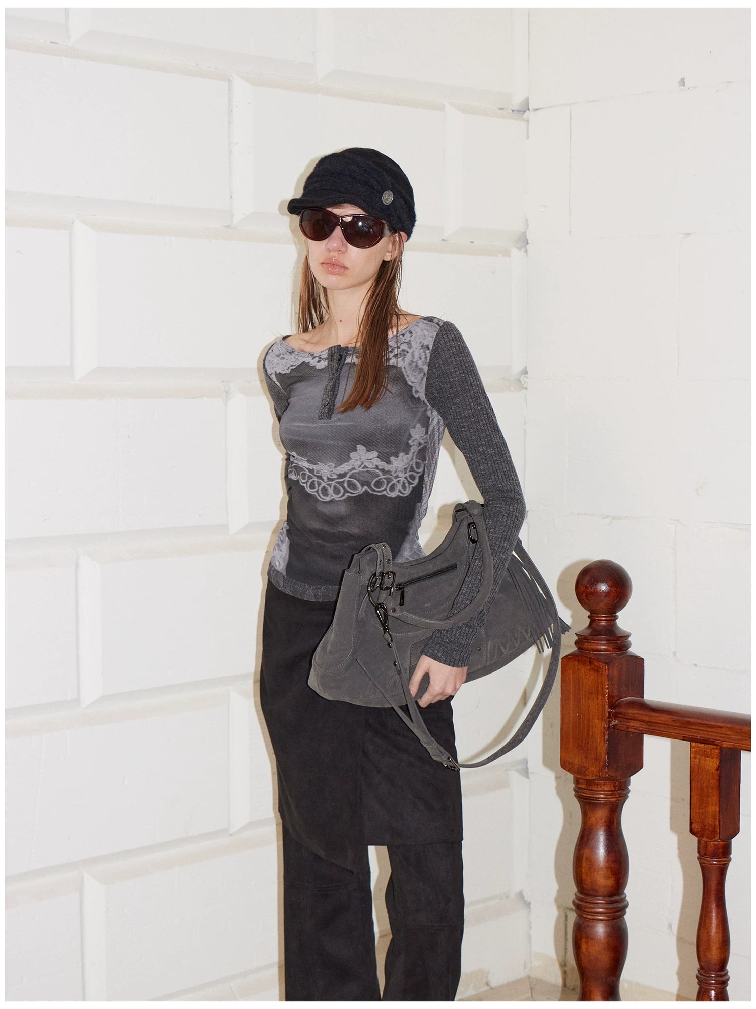 Reversible Face Print Henley Studded Sleeve Base Top