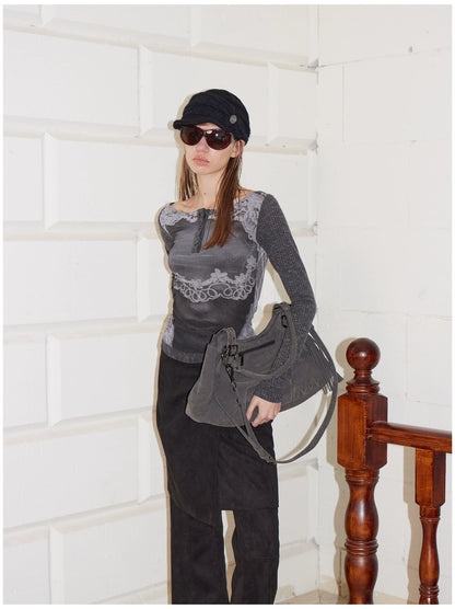 Reversible Face Print Henley Studded Sleeve Base Top