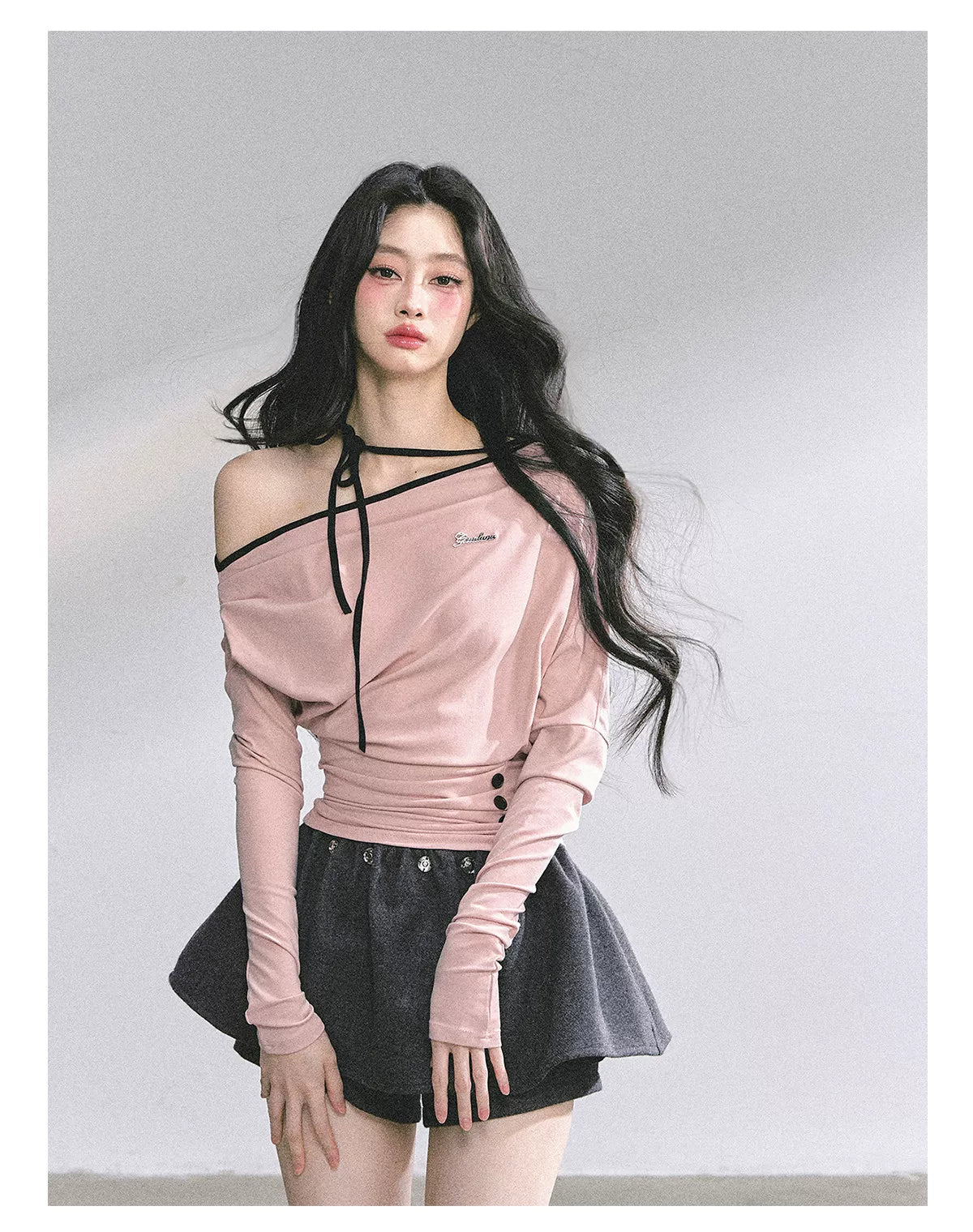 Off-Shoulder Halter Long-Sleeve T-Shirt