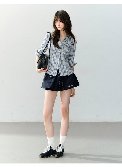 Waist-Cinched Mid-Sleeve Fitted Pocket Shirt
