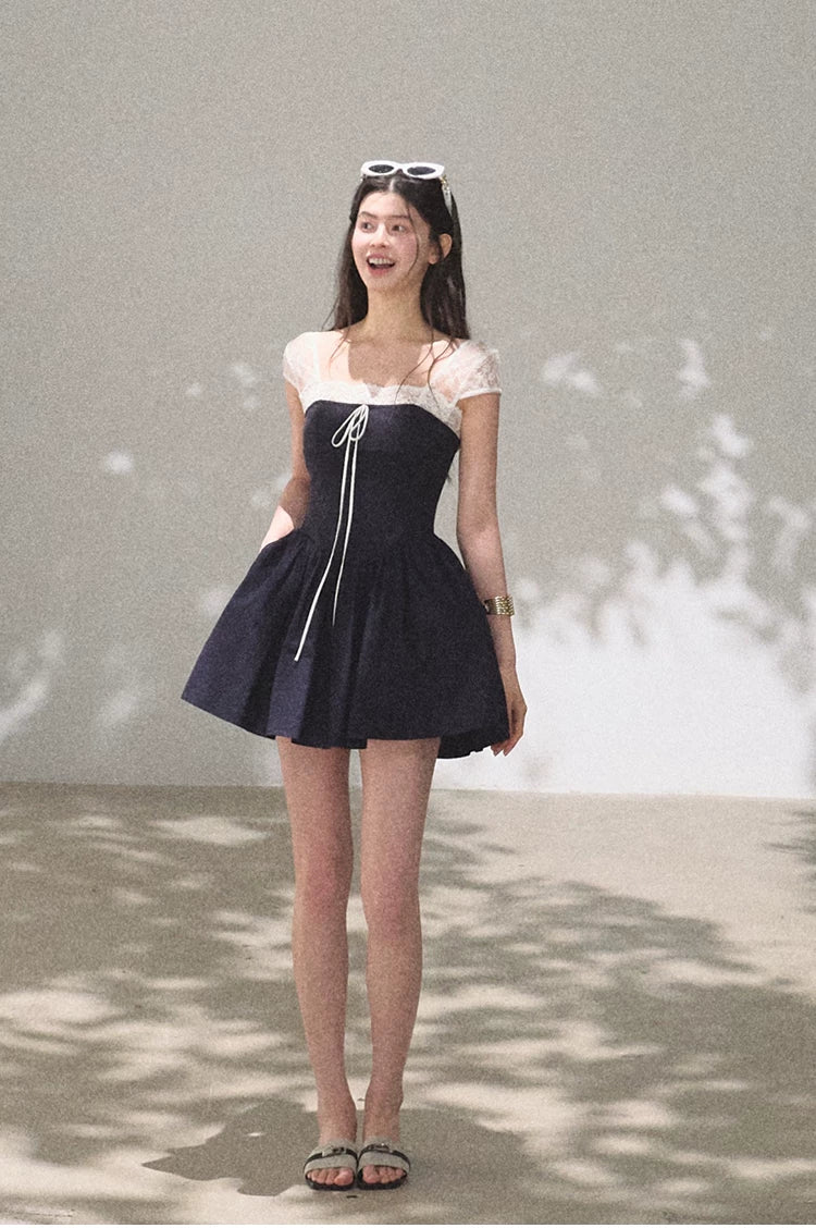 Lace-Spliced Cinched-Waist Vacation Camisole Dress