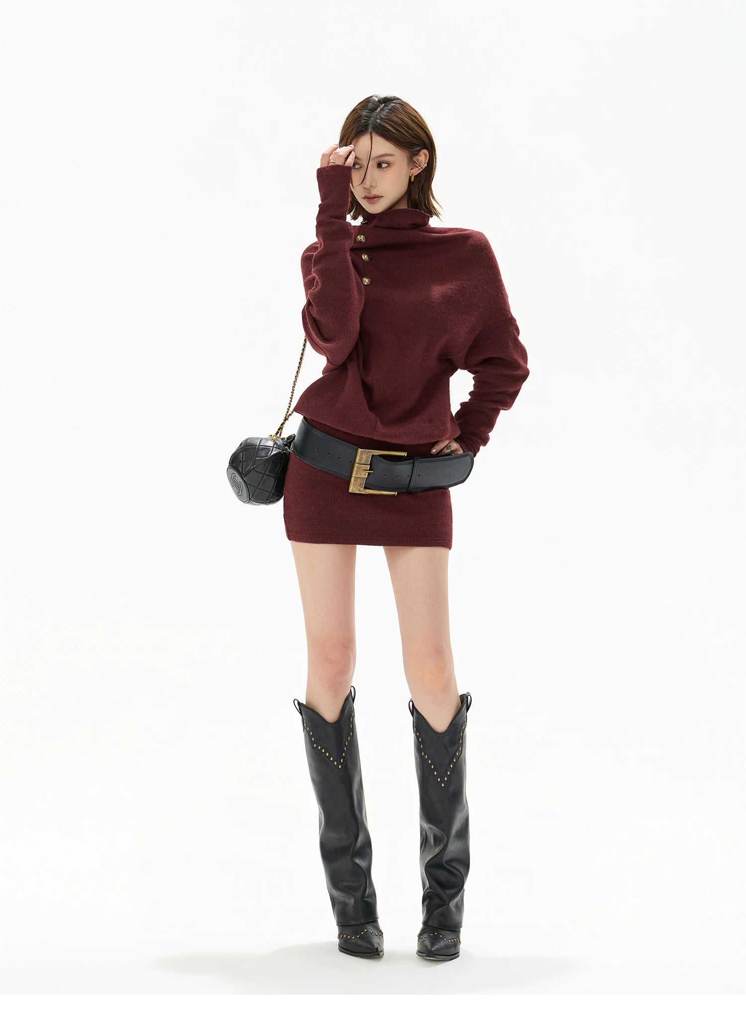 Cowl-Neck Batwing Sleeve Knit Mini Dress