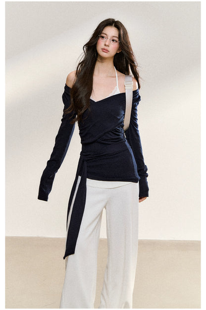 Navy Layered Off-Shoulder Blouse - CHINASQUAD