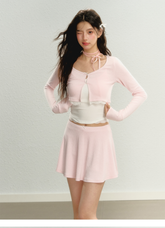 Pink Square Neck Short Sleeve T-shirt & Cardigan Set - CHINASQUAD