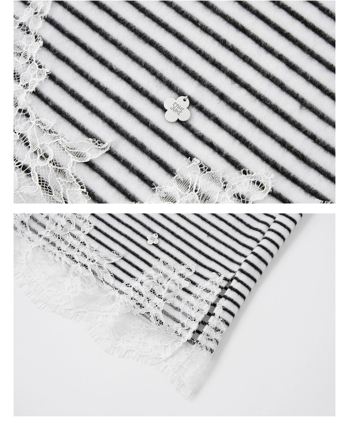 Lace-Panel Fuzzy Ribbed Long-Sleeve Tee