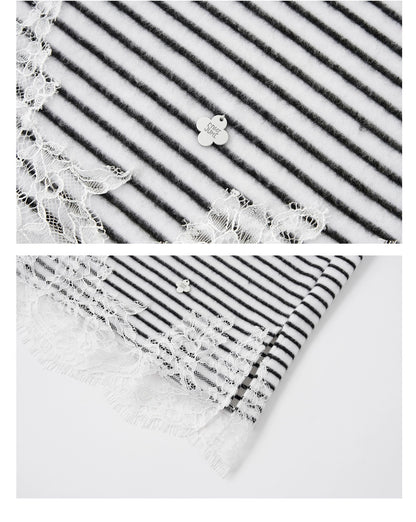 Lace-Panel Fuzzy Ribbed Long-Sleeve Tee