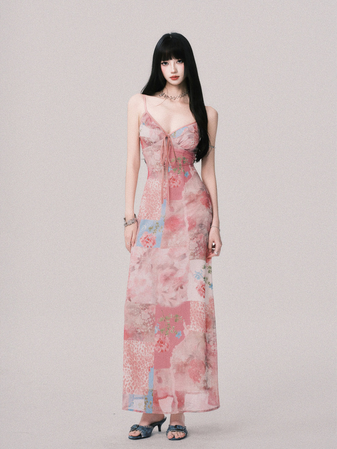 Floral V-Neck Spliced Print Slip Dress