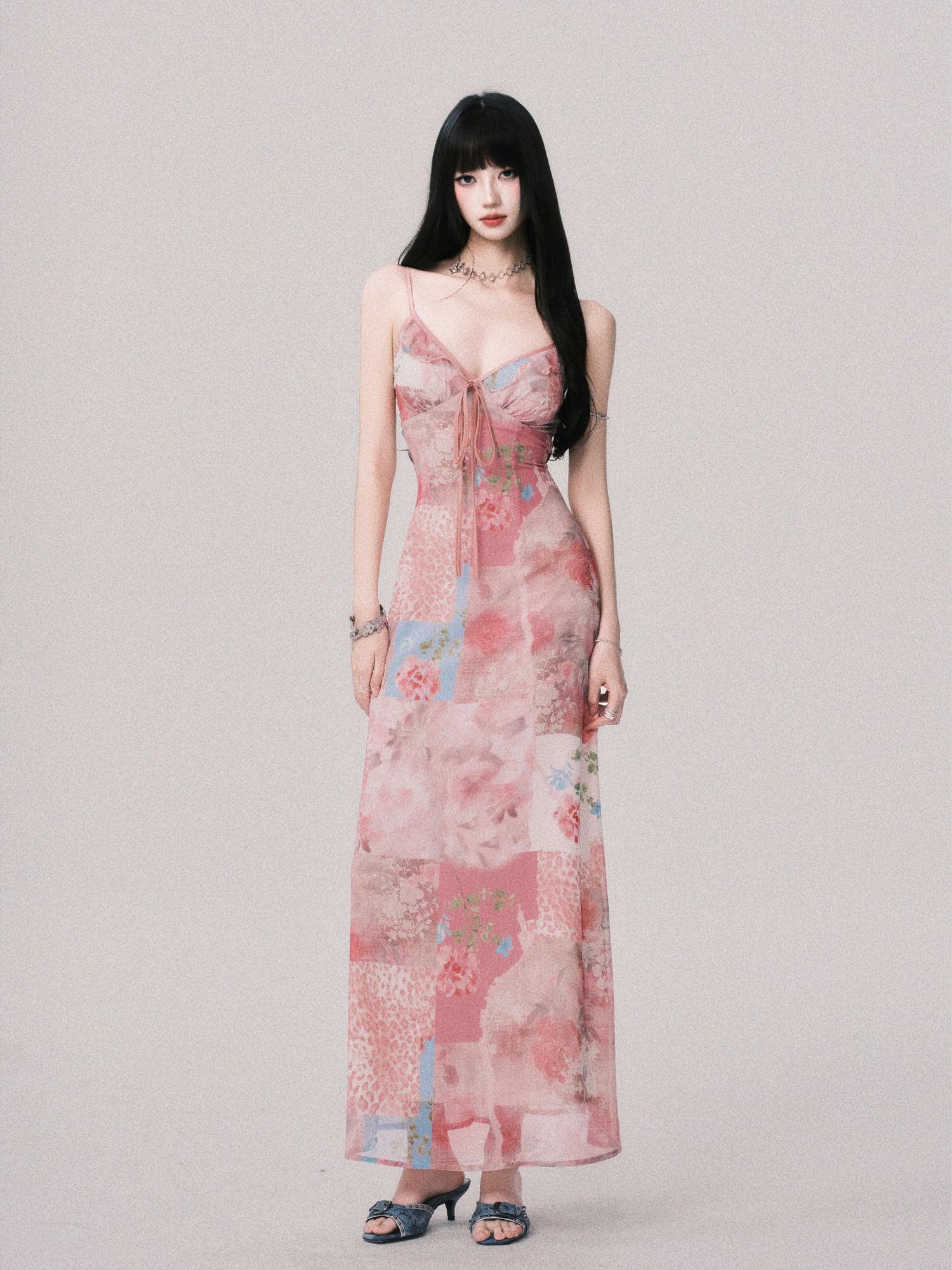 Floral V-Neck Spliced Print Slip Dress