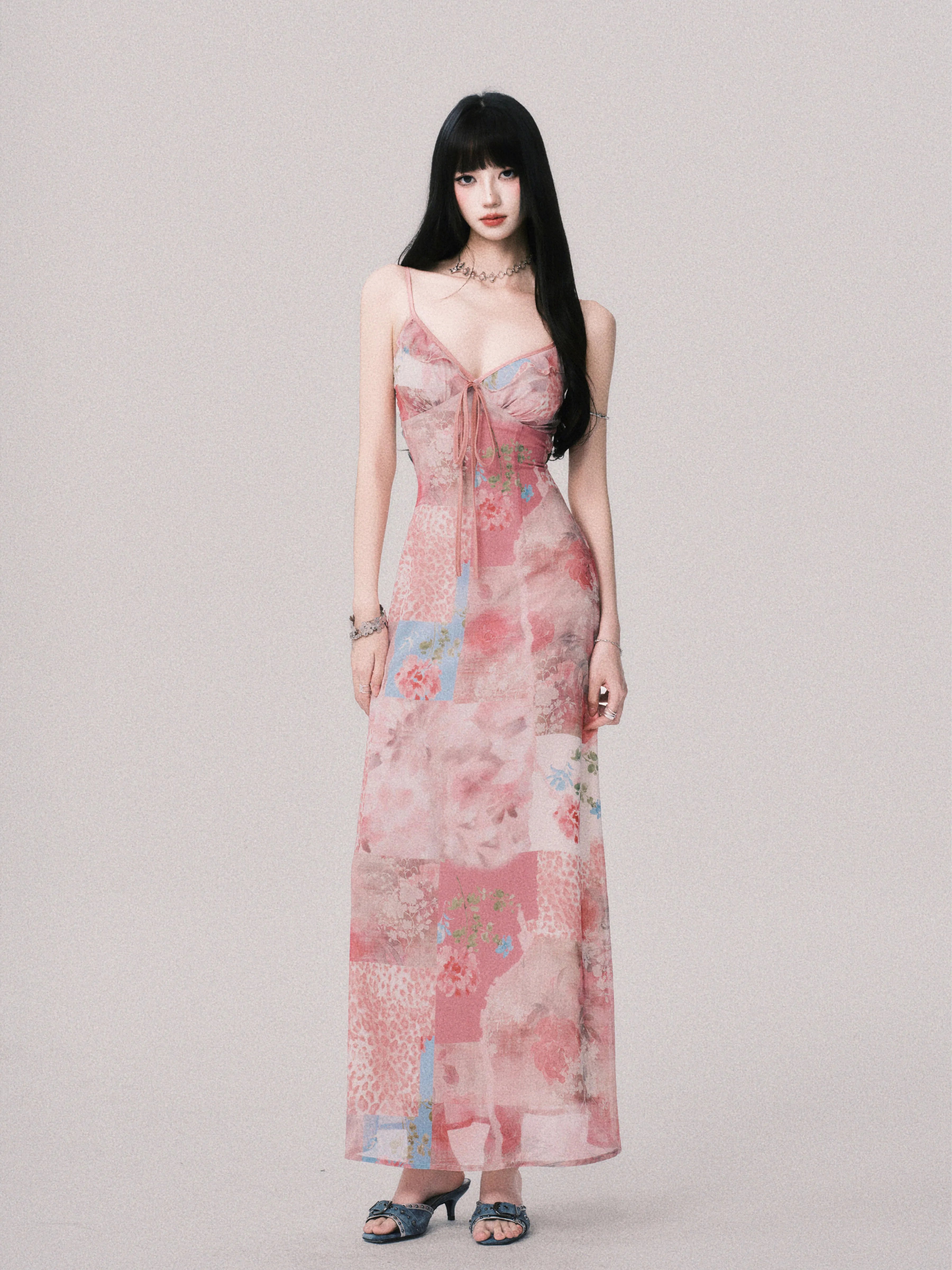 Floral V-Neck Spliced Print Slip Dress