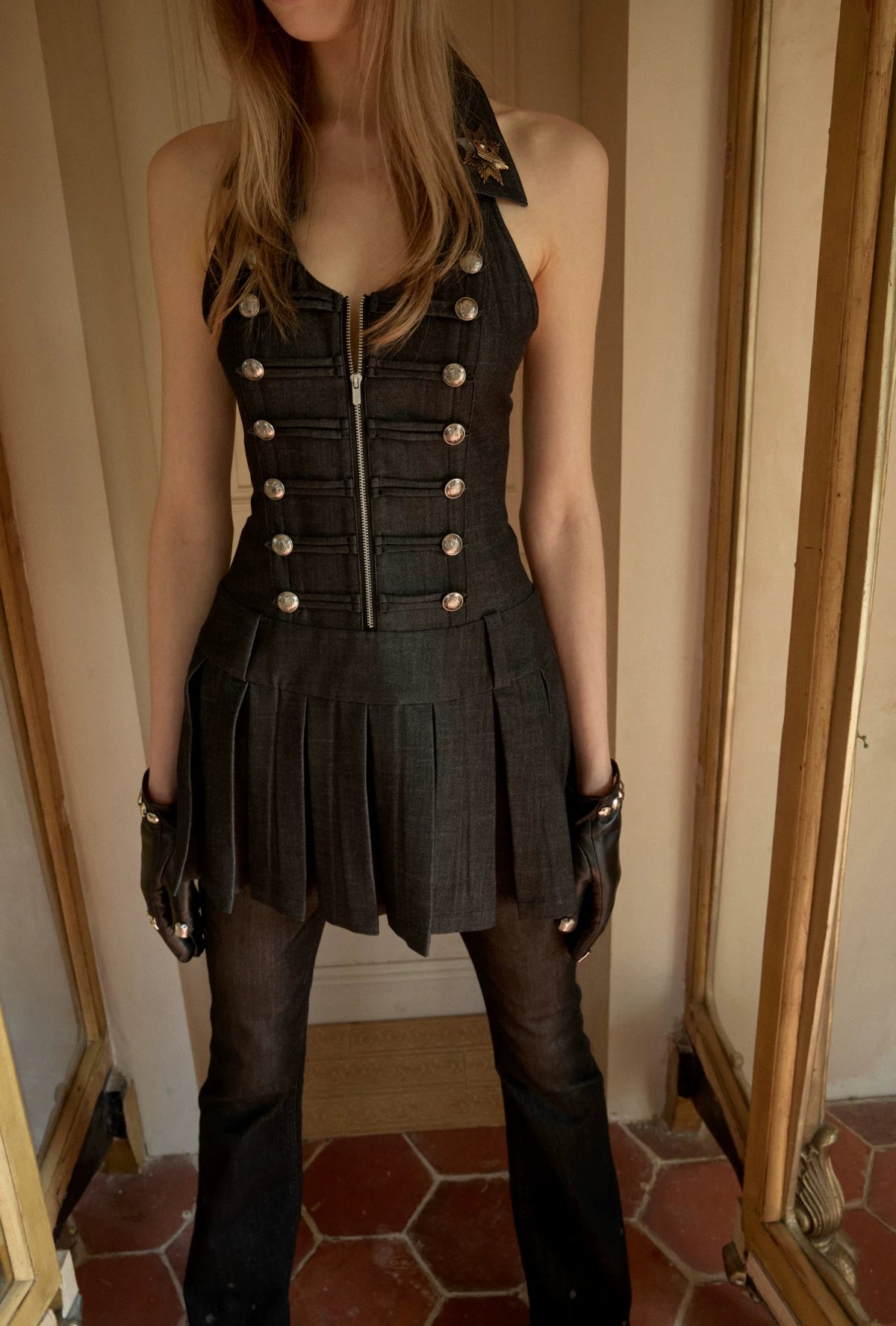 Court-Style Double-Breasted Open-Back Pleated Dress