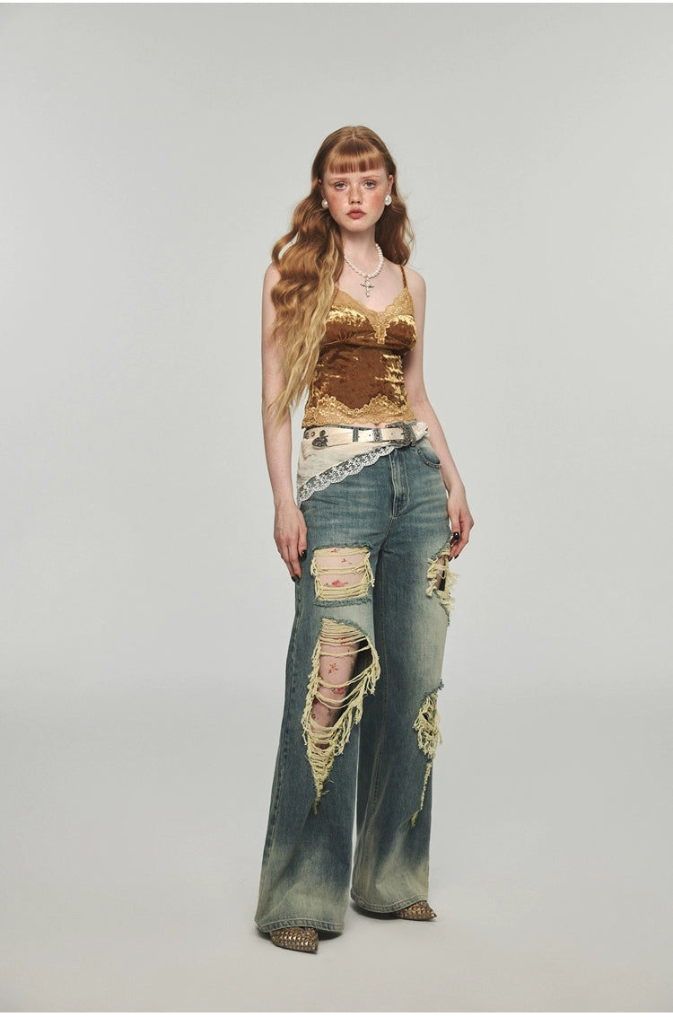 Denim Distressed Wide-Leg Pants - CHINASQUAD