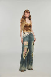 Denim Distressed Wide-Leg Pants - CHINASQUAD