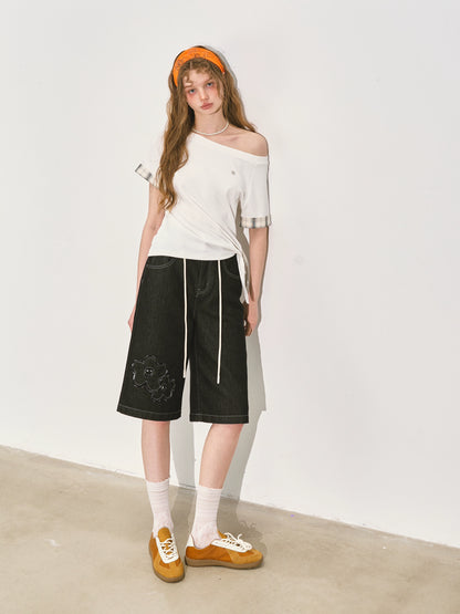 Original Color Raw-edge Floral Denim Shorts - CHINASQUAD