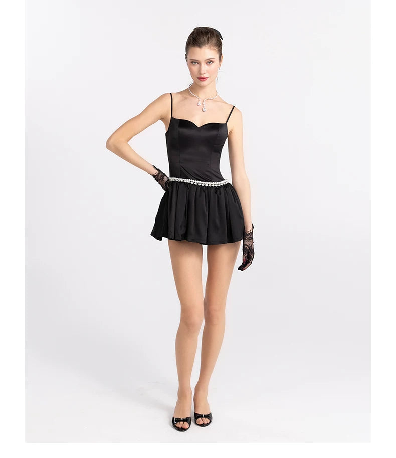 Pearl-Embellished Strappy Fit-and-Flare Mini Dress