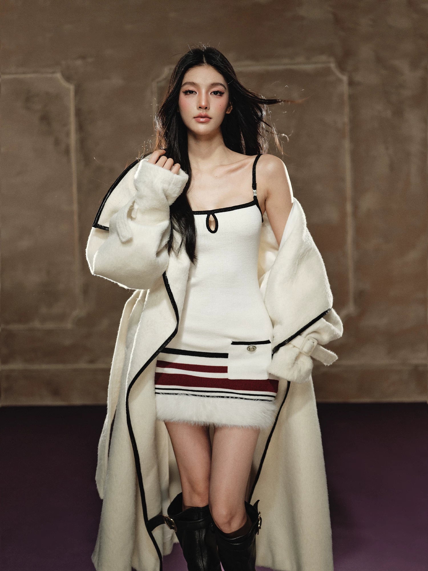 Wool-Blend Long Coat &amp; Striped Slip Dress Set