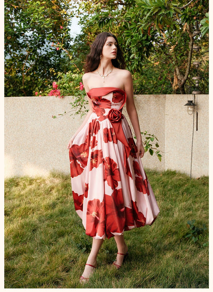 Satin Floral Bubble Hem Strapless Dress